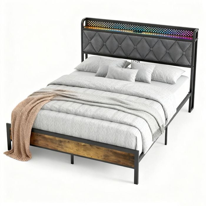 Advwin Bed Frame Queen Size with Charging Station and RGB LED Lights Storage Headboard Shelf