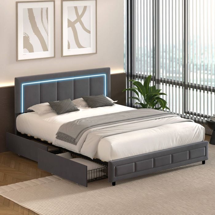 Oikiture Bed Frame Rgb Led Double Size With 4 Storage Drawers Adjustable Headboard