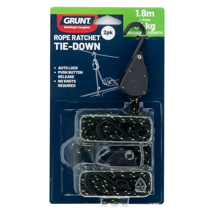GRUNT 3mm x 1.8m Rope Ratchet Tie Downs - Pack of 2