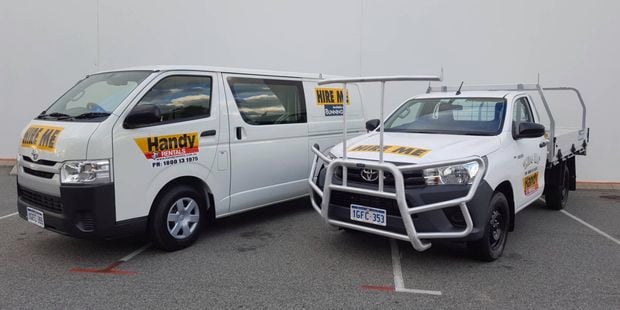 Handy rentals van and ute parked next to one another