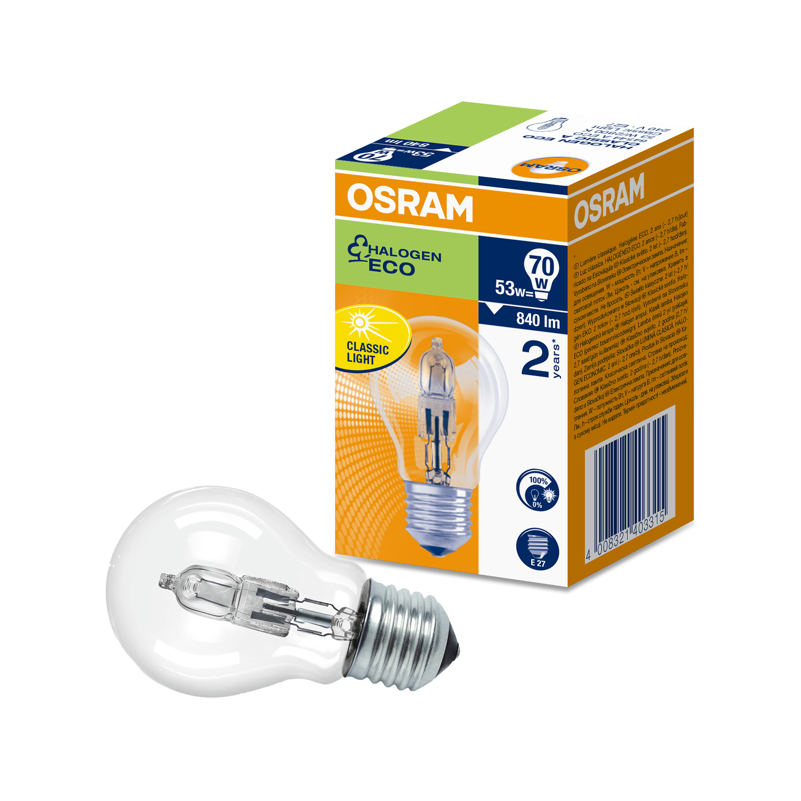 Osram 57W Warm White Classic A Shape Round Halogen Dimmable E27 Light Globe