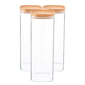 Argon Tableware 6x Glass Storage Jars With Airtight Wooden Lids - 2.2l - Square Cube Kitchen Storage Container Preserving Jars