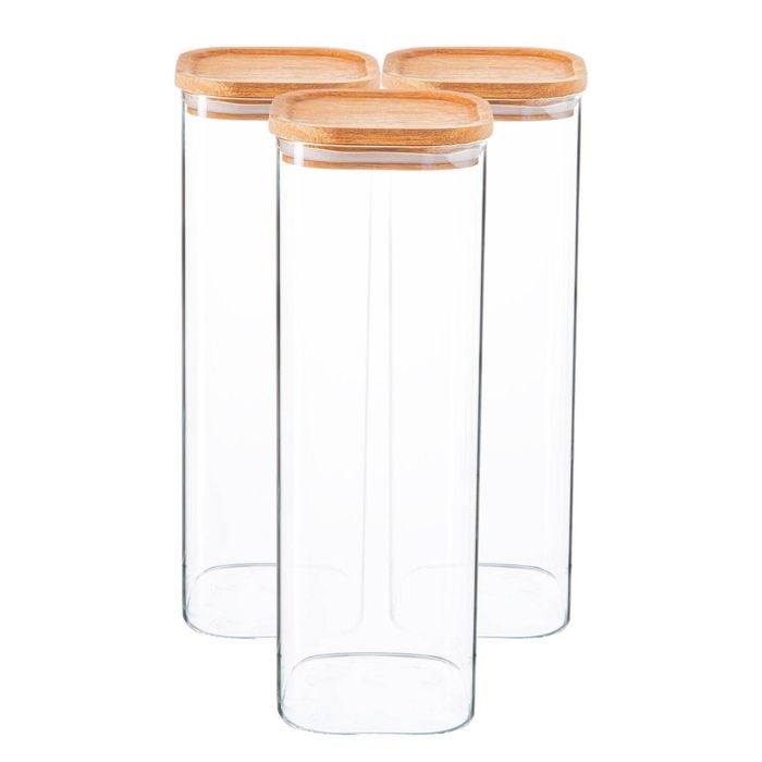 Argon Tableware 6x Glass Storage Jars With Airtight Wooden Lids - 2.2l - Square Cube Kitchen Storage Container Preserving Jars