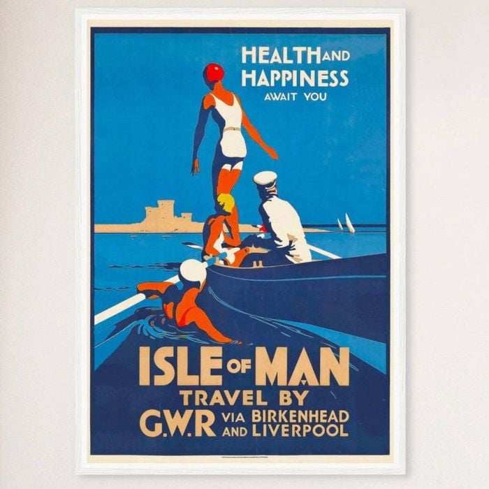 Galrie Vintage Isle of Man Travel Poster: Birkenhead & Liverpool Journey Art Design, White Frame, A2 42 x 60cm (16 x 24inch)