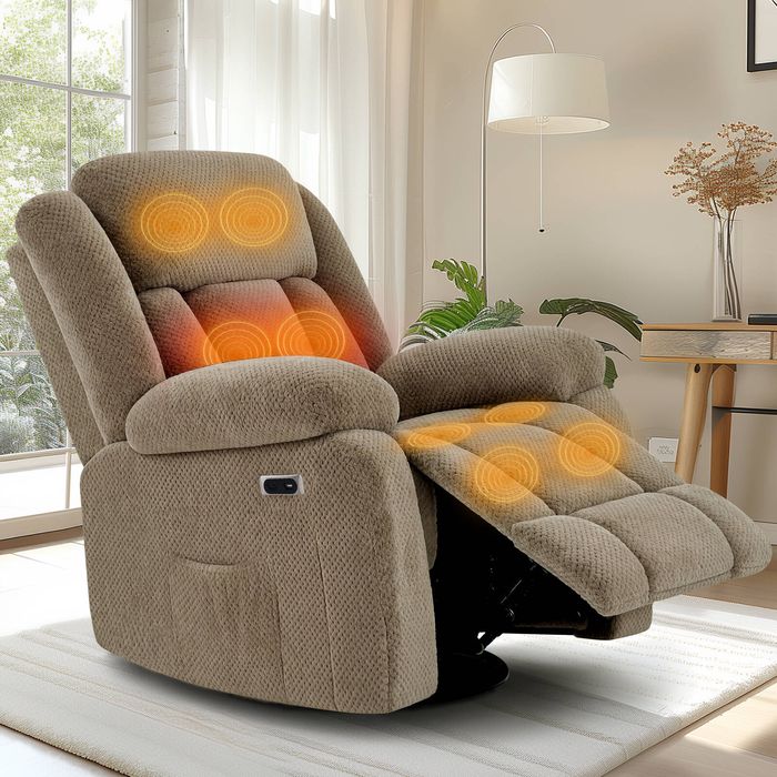 Ufurniture Luxury Velvet Electric Recliner Chair with Heat & 8-Point Massage – 270° Swivel Lounge Armchair Brown