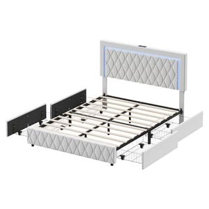 Ufurniture Led Bed Frame Queen Size With 4 Storage Drawers Charging Velvet Button Tufted Bed, Beige