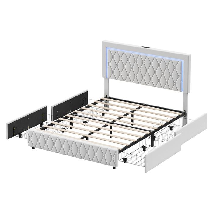 Ufurniture Led Bed Frame Queen Size With 4 Storage Drawers Charging Velvet Button Tufted Bed, Beige
