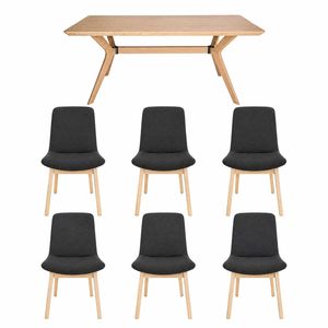7-Piece Dining Set | Doreen Wood Dining Table 180cm & Cozy Upholstered Dining Chair | Natural - Dark Grey Fabric