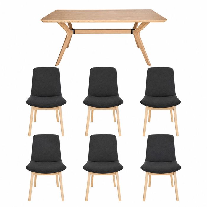 7-Piece Dining Set | Doreen Wood Dining Table 180cm & Cozy Upholstered Dining Chair | Natural - Dark Grey Fabric