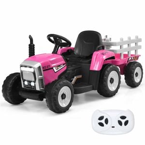 Costway Kids Remote Ride On Tractor 12v With Trailer Pink