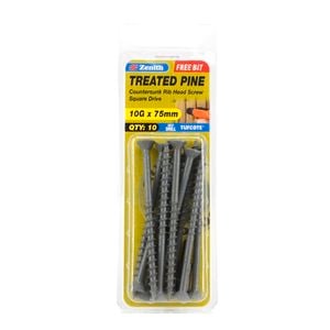 Zenith 10G x 75mm Tufcote® Countersunk Rib Head Treated Pine Screws - 10 Pack