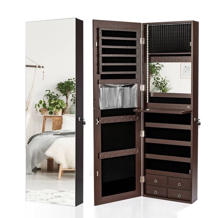 Costway Led Full-length Mirror Jewelry Cabinet Brown