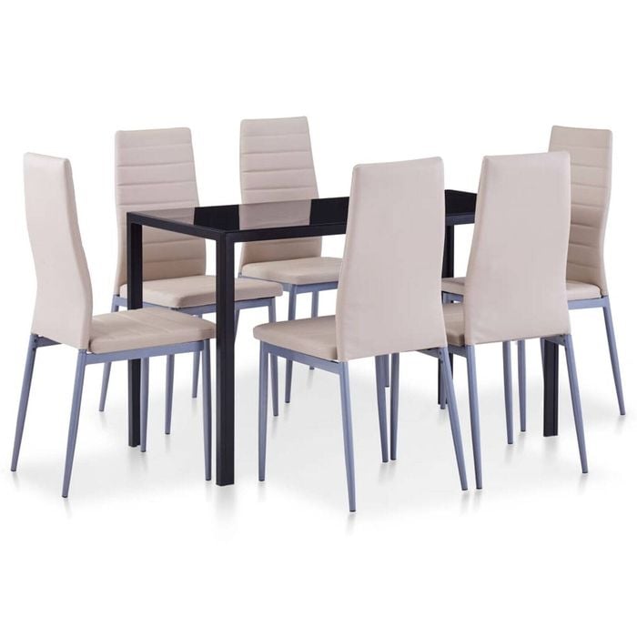 vidaXL 7 Pieces Dining Set Cappuccino 6 Chairs Tempered Glass Kitchen Table
