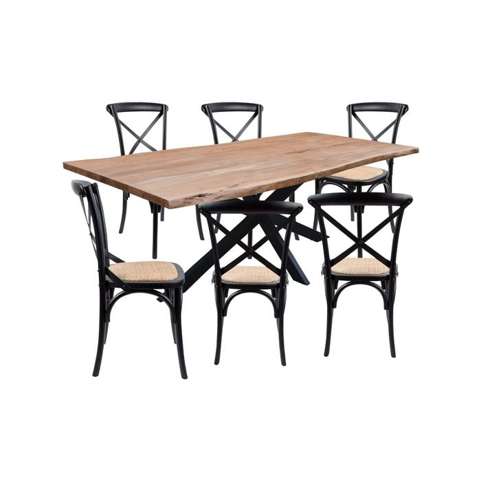 Lantana 7pc 210cm Dining Table 6 Black X-Back Chair Set Live Edge Acacia Wood