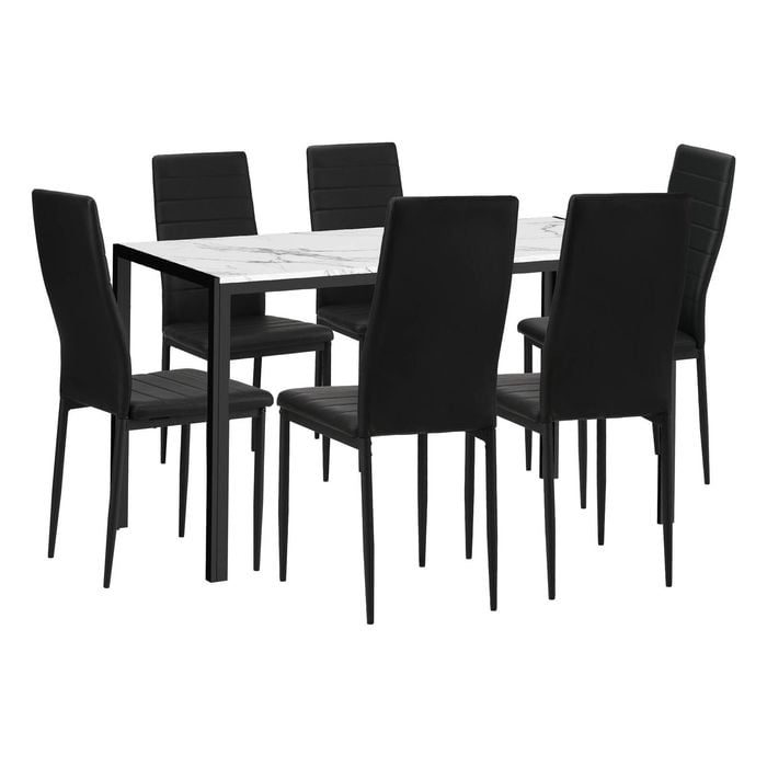 Oikiture 7PCS Rectangle 140cm Dining Table &Chairs Marble White&Black