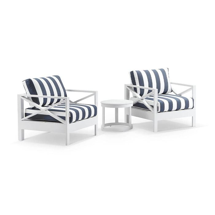 Kansas Lounge Patio Balcony Set Side Table White & Navy Stripe Cushions