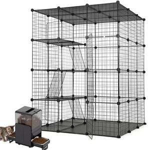 Advwin 4-Tier Metal Cat Cage DIY Enclosure + 5L Automatic Pet Feeder with Dual Bowls