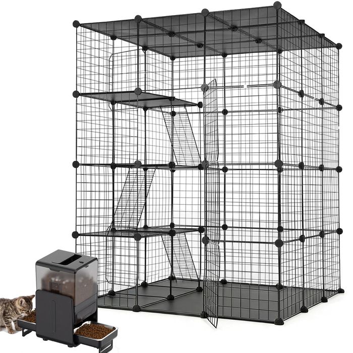 Advwin 4-Tier Metal Cat Cage DIY Enclosure + 5L Automatic Pet Feeder with Dual Bowls