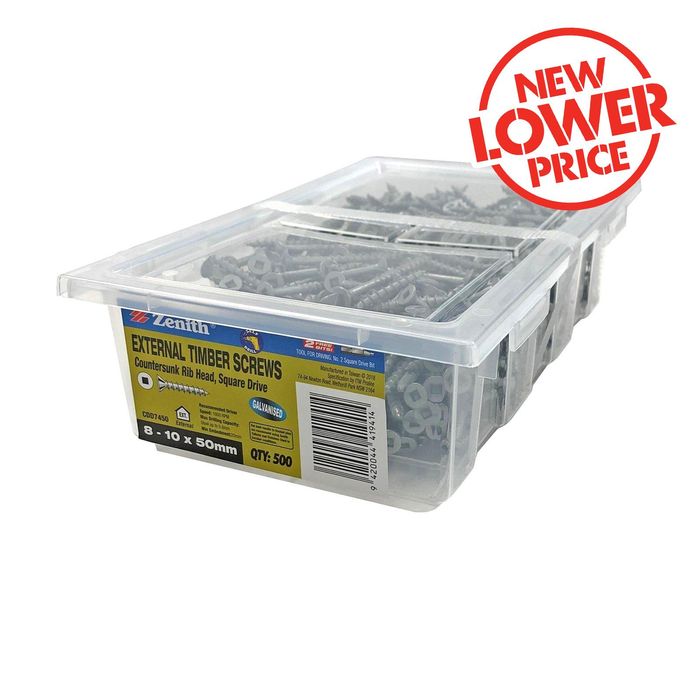 Zenith 8 - 10 x 50mm Galvanised Square Drive Countersunk Ribbed Head Timber Screws - 500 Pack