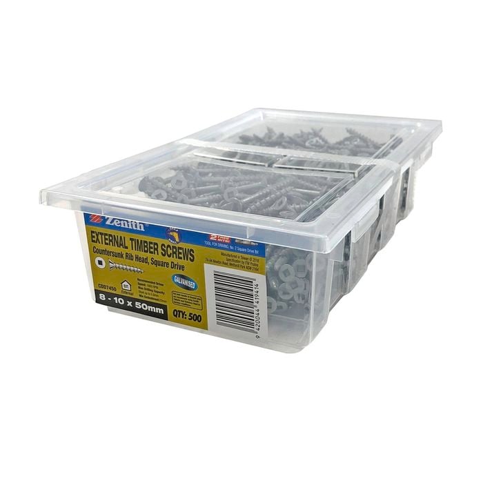 Zenith 8 - 10 x 50mm Galvanised Square Drive Countersunk Ribbed Head Timber Screws - 500 Pack