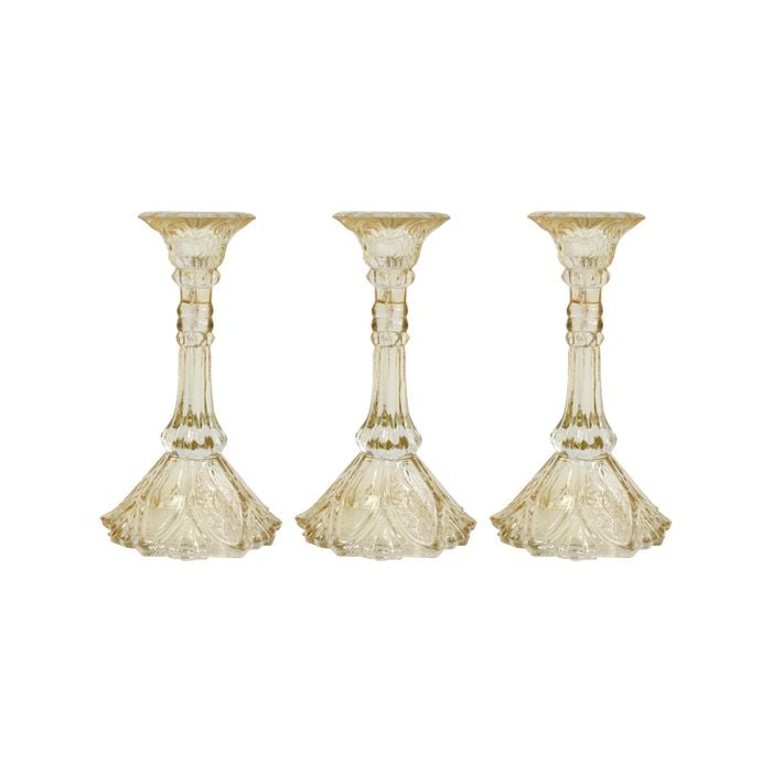 3PK Glass 18cm Medium Belle Taper Stick Candle Holder - Champagne