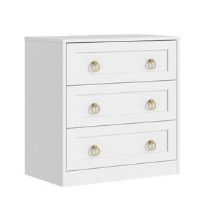 Cosmoliving White 3 Drawers Bedside Table Chest of Drawers with Gold Ring Handles