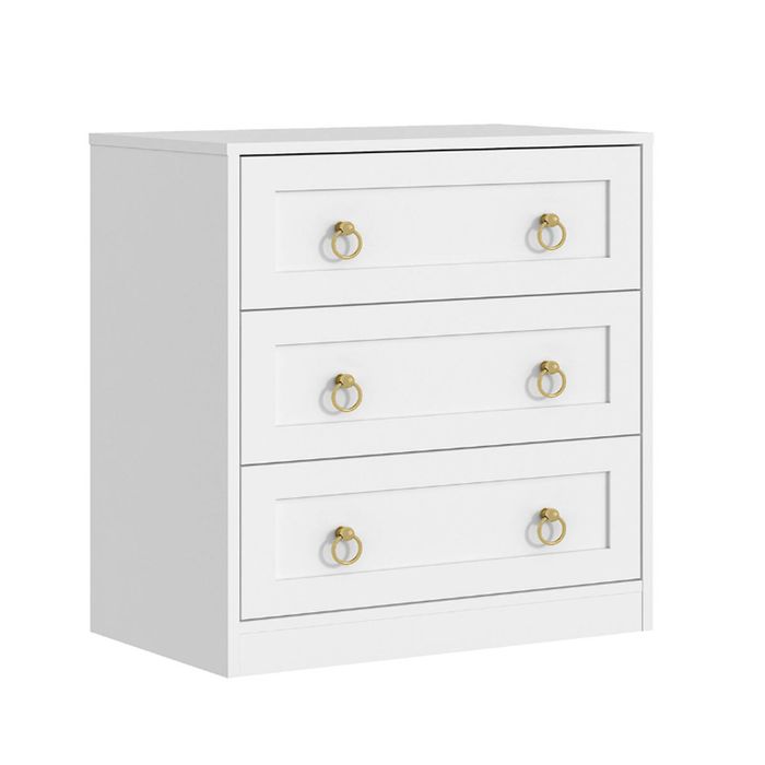 Cosmoliving White 3 Drawers Bedside Table Chest of Drawers with Gold Ring Handles