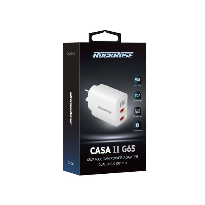 Rockrose Casa II G65 65W Dual USB-C Port GaN Power Travel Adapter White