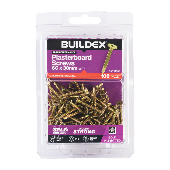 Buildex 6G x 30mm Gold Passivated Plasterboard Screws (TEKS® Tip) - 100 Pack