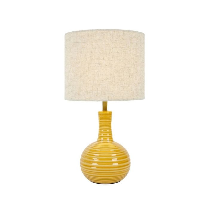 Tsai Ochra Table Lamp , Handmade Ceramic With Linen Shade, Built-in Usb-c Yellow