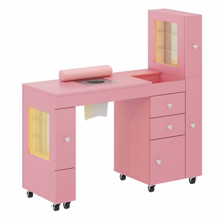 Advwin Manicure Table with LED Light Display Cabinet Dust Collector Vanity Desk Pink