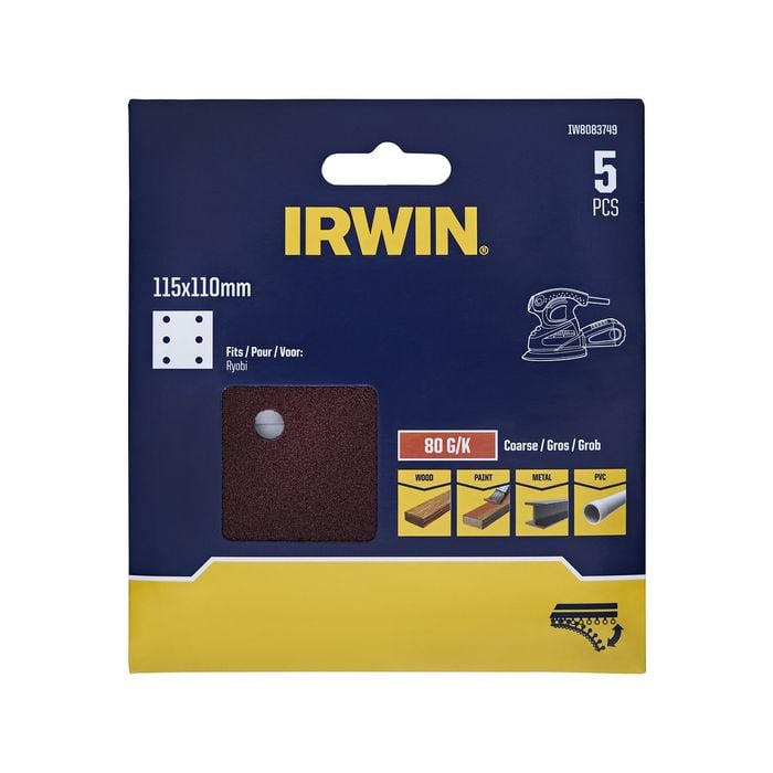 IRWIN 115 x 110mm 80 Grit 6 Hole 1/4 Sanding Sheets - 5 Pack
