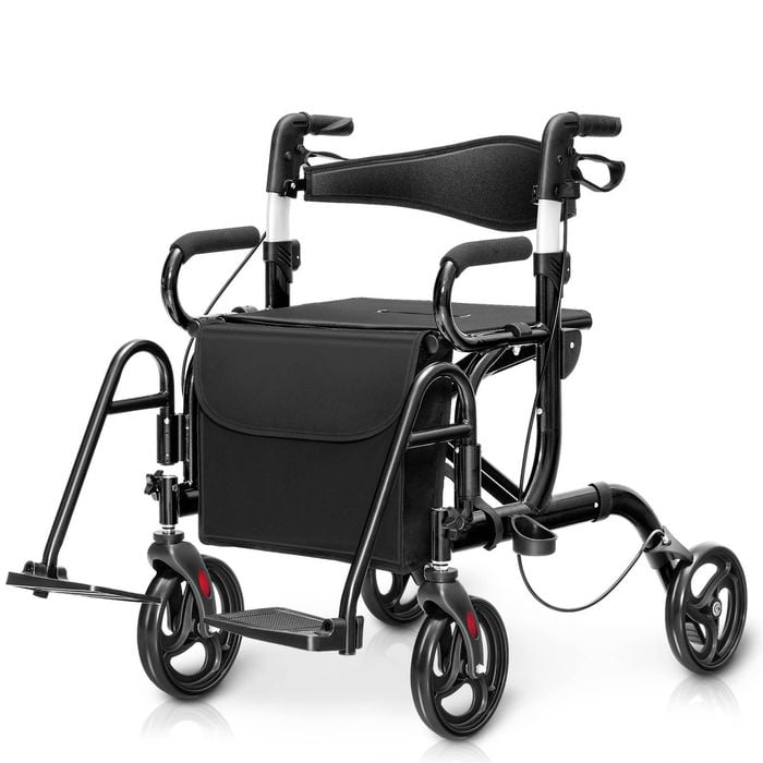 Costway 2-in-1 Folding Rollator Walker Aluminum 4 Wheel Medical Walker Seniors Black