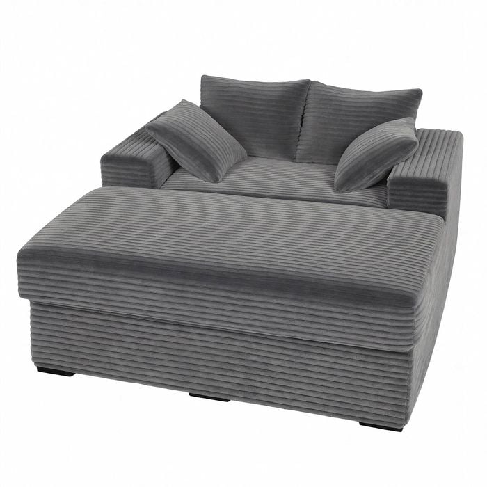 Advwin 148cm Sofa Bed w/ Storage Ottoman Corduroy Chaise Lounge Chair Oversized Sleeper Couch Grey