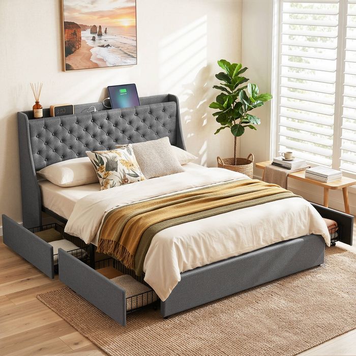 Artiss Queen Bed Frame With 4 Storage Drawers Charging Station