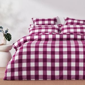 Dreamaker Remy Washed Cotton Yarn Dyed Check Quilt Cover Set Berry Queen