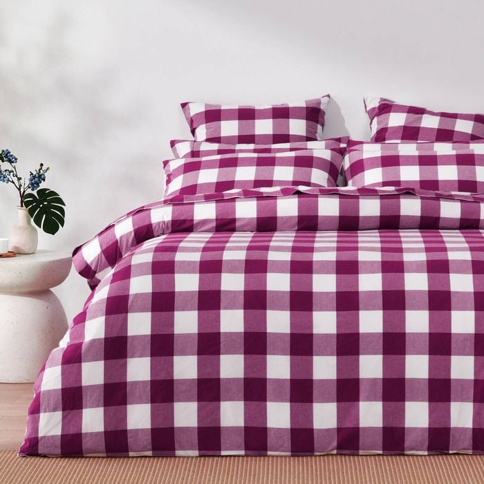 Dreamaker Remy Washed Cotton Yarn Dyed Check Quilt Cover Set Berry Queen