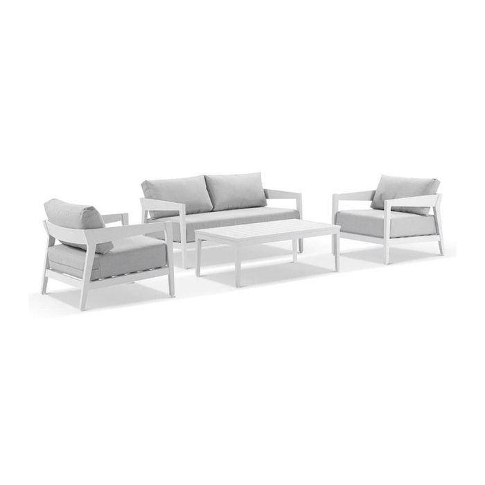 Bronte 2+1+1 Outdoor Aluminium Lounge Setting White With Coffee Table & Textured Olefin Grey Cushions
