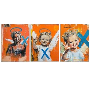 3pcs Abstract Angel Trio with Blue Hats  Print 100% Australian Made 3 x 40x60cm (Metal Print)