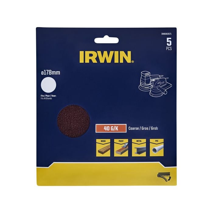 IRWIN 178mm 40G No Holes Quick Fit Random Orbital Sanding Discs - 5 Pack