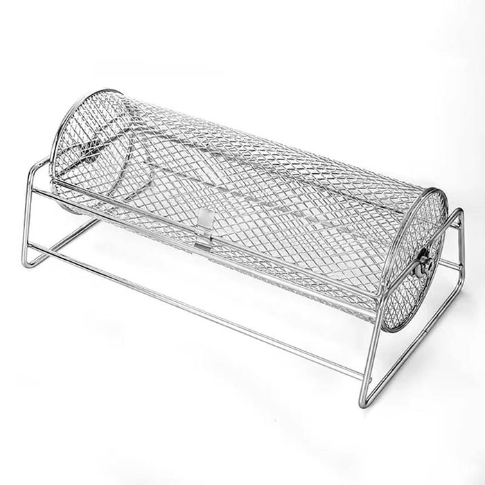 NNEOBA 12-Inch Stainless Steel Rolling BBQ Grill Mesh Rotisserie Roaster Cage Silver