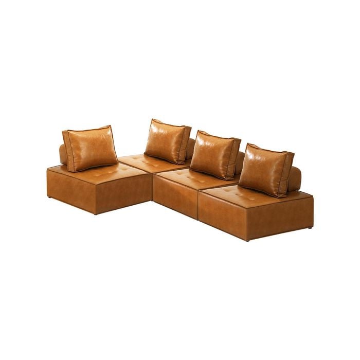 Oikiture 4PC Modular Sofa Adjustable Back PU Leather Brown