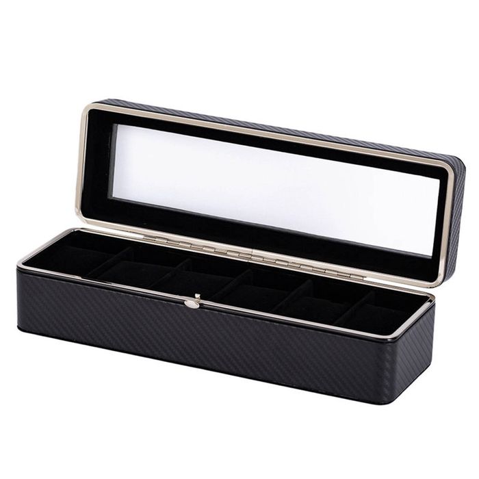 Catzon Watch Case 6 Slot Watch Display Case With Glass Lid-carbonblack