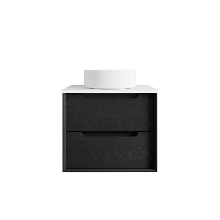 Attica Baia 600mm Black Oak Vanity With Pure White Stone Top 