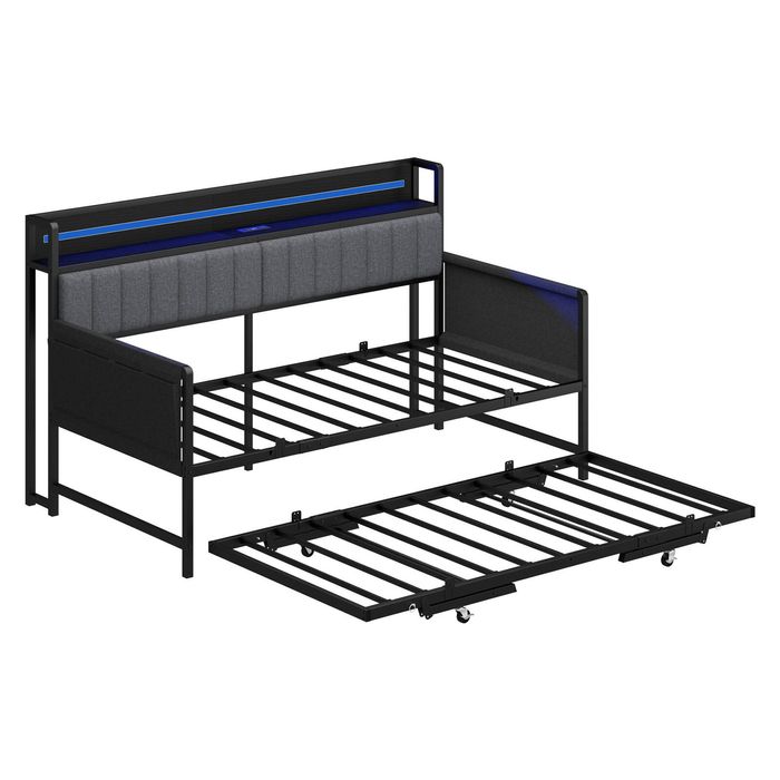 Ufurniture Metal Single Daybed Frame with Pop-Up Trundle, LED Light, Charging Station & Upholstered Headboard, Black
