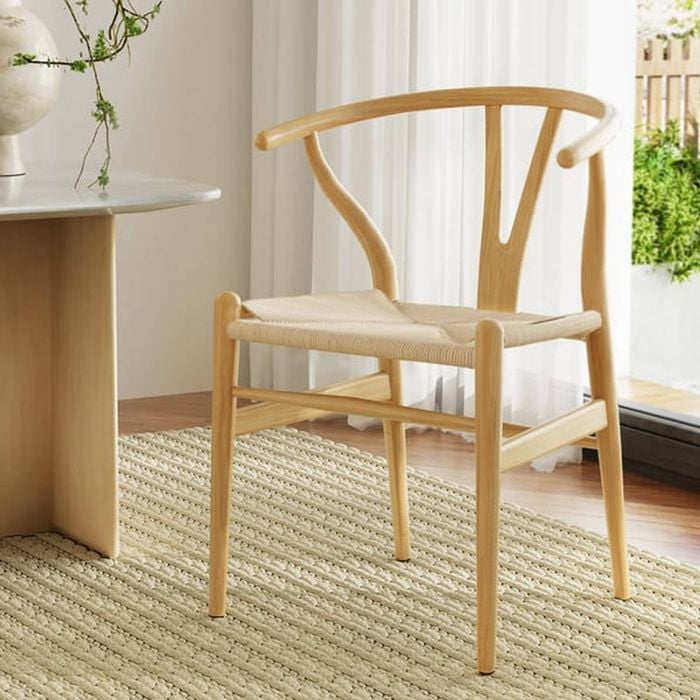 HOMFURN Wishbone Dining Chair Natural Rubberwood Rattan Seat Kitchen Cafe Chair