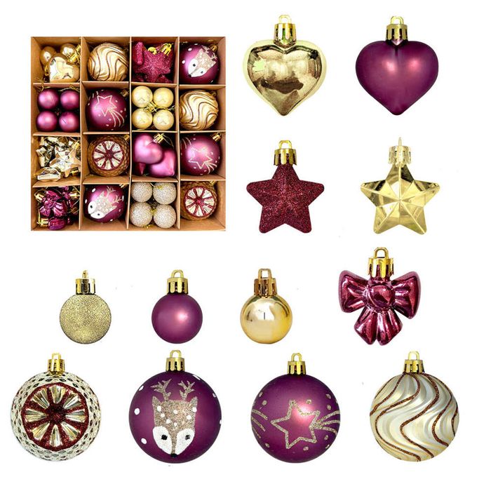 Catzon 64 Pcs Christmas Ornaments with Bow & Star & Heart Shaped Great for Holiday Party Decor-Set 2
