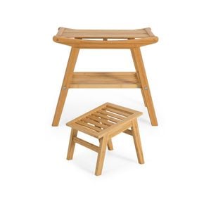 Costway Bamboo Shower Seat Chair Bench Wood Foot Stool Set W/storage Shelf
