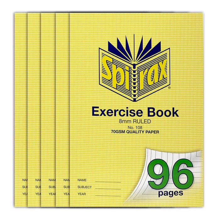 5x Spirax 70gsm 96 Pages A4 8mm Ruled No.108 Exercise Book School Notebook