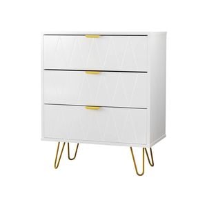Oikiture 3 Chest of Drawers Gold Handles Dresser Lowboy Storage Cabinet White